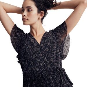 MADEWELL Flutter-Sleeve Wrap Top in black Floral size XXS